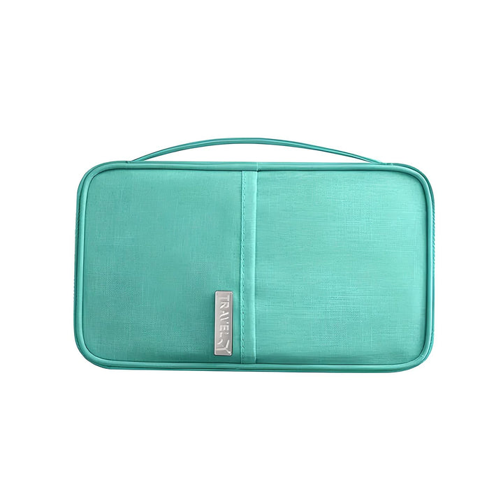 Custodia da viaggio verde acqua per accessori elettronici, organizer compatto con manico, ideale per cavi, caricabatterie e gadget tecnologici.