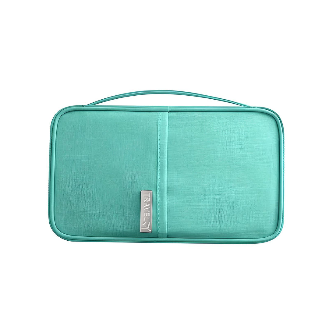 Custodia da viaggio verde acqua per accessori elettronici, organizer compatto con manico, ideale per cavi, caricabatterie e gadget tecnologici.