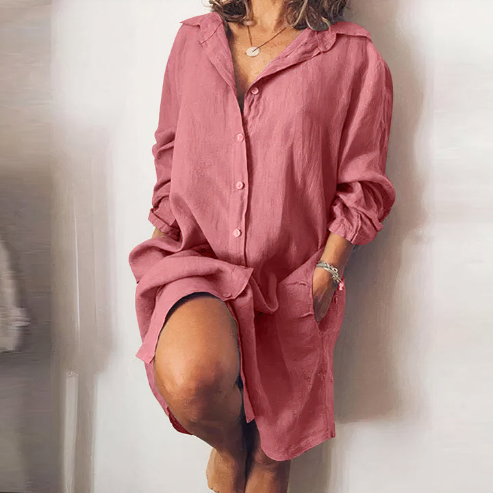 Abito camicia Donna Midi Cotone Maniche Lunghe Casual