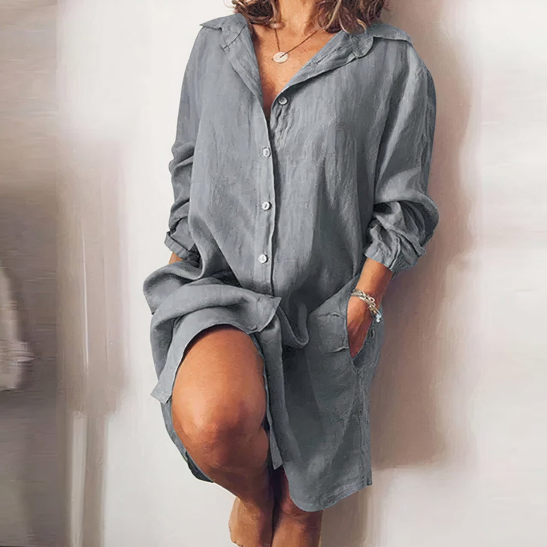 Abito camicia Donna Midi Cotone Maniche Lunghe Casual