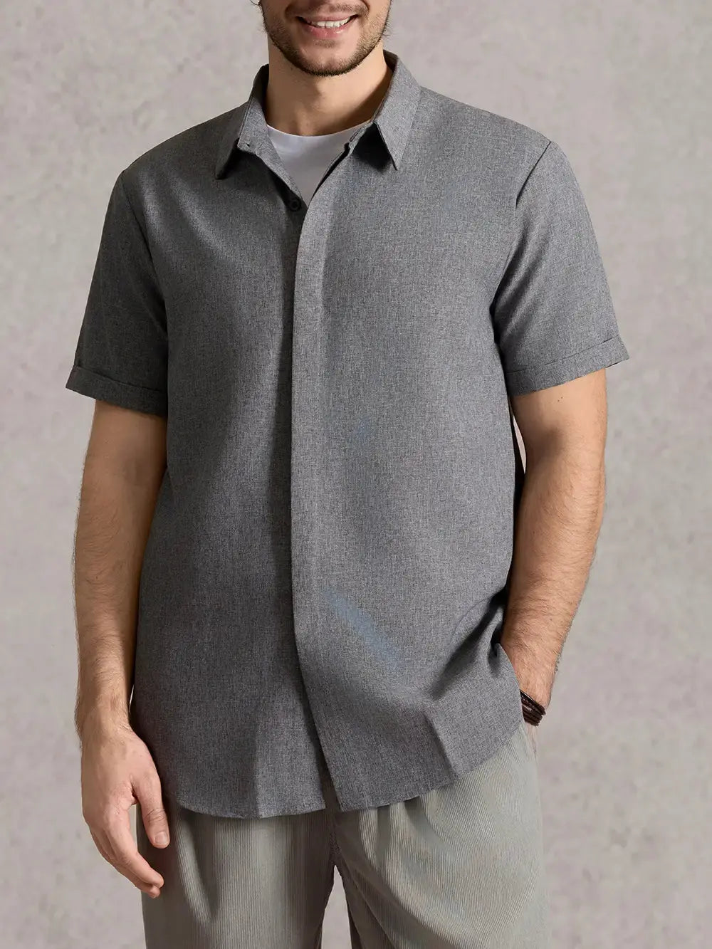 Camicia Uomo Misto Cotone Lino Maniche Corte