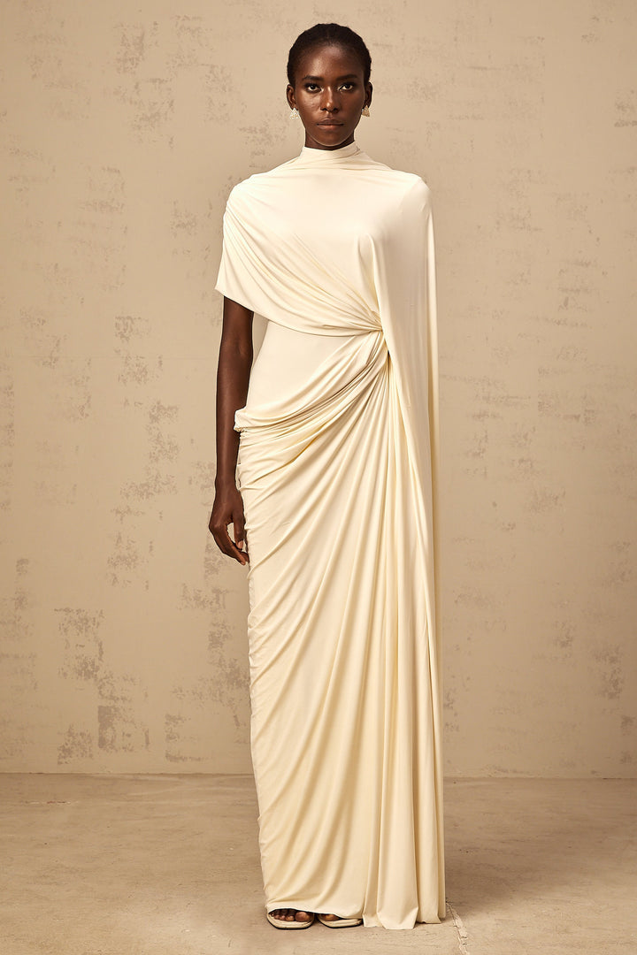 Abito Lungo Donna Drappeggiato Cappa Asimmetrica