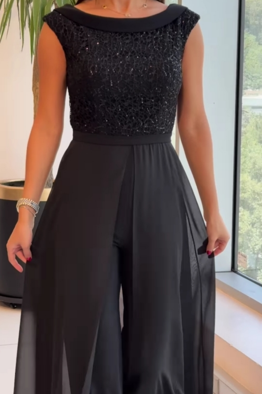 Tuta Donna in Tulle Testurizzato Gamba Larga Elegante