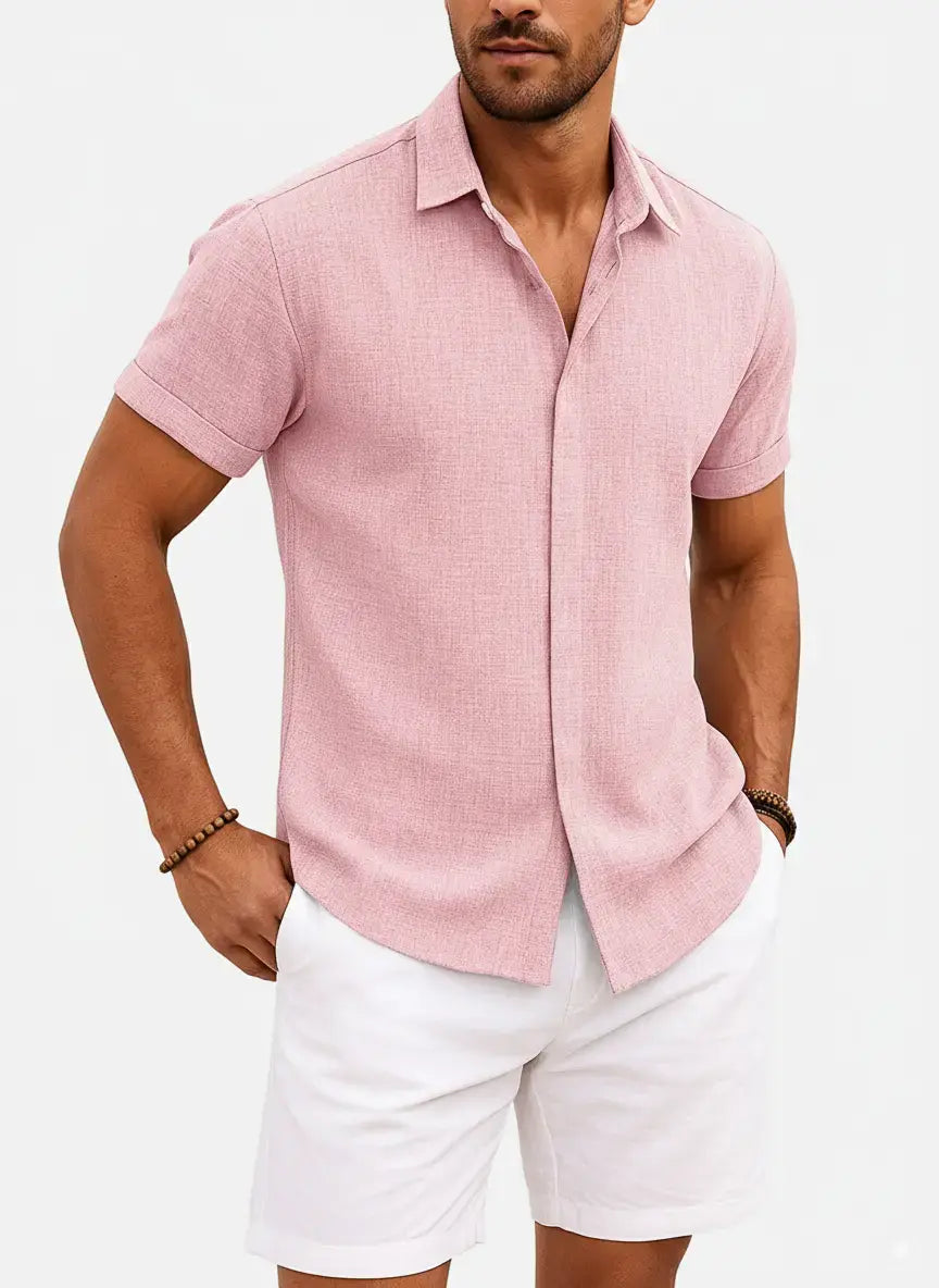 Camicia Uomo Misto Cotone Lino Maniche Corte