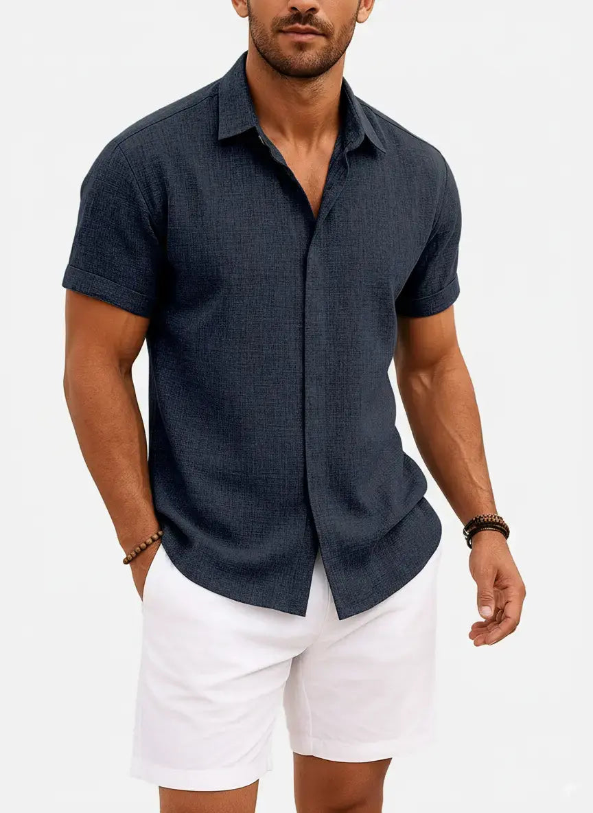 Camicia Uomo Misto Cotone Lino Maniche Corte