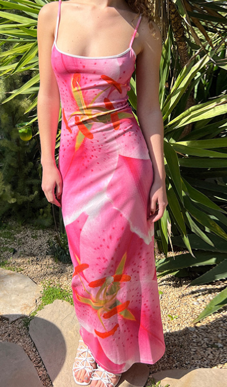 Abito Lungo Donna Stampa Tropicale Bretelle Sottili