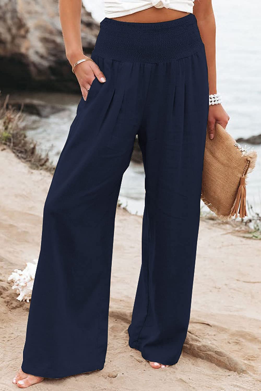 Pantaloni Donna in Lino Vita Elastica Vestibilità Ampia