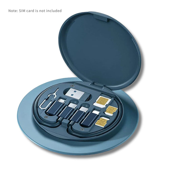 Set adattatori SIM e cavi USB in custodia rotonda blu, compatibile con vari dispositivi. Accessorio portatile per viaggi e organizzazione.