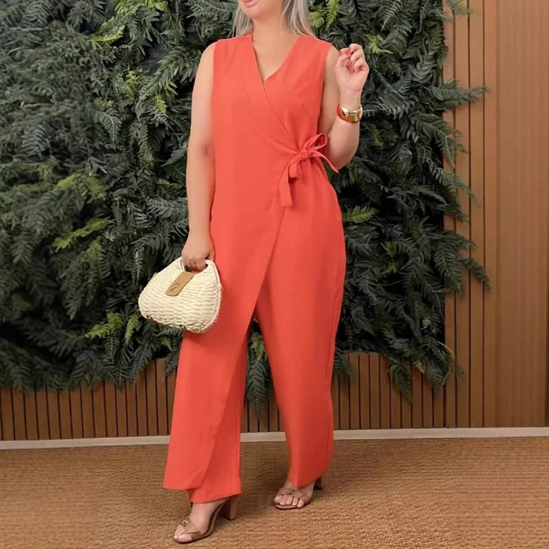 Tuta Donna Elegante Smanicata Scollo a V con Cintura - Vesarelli