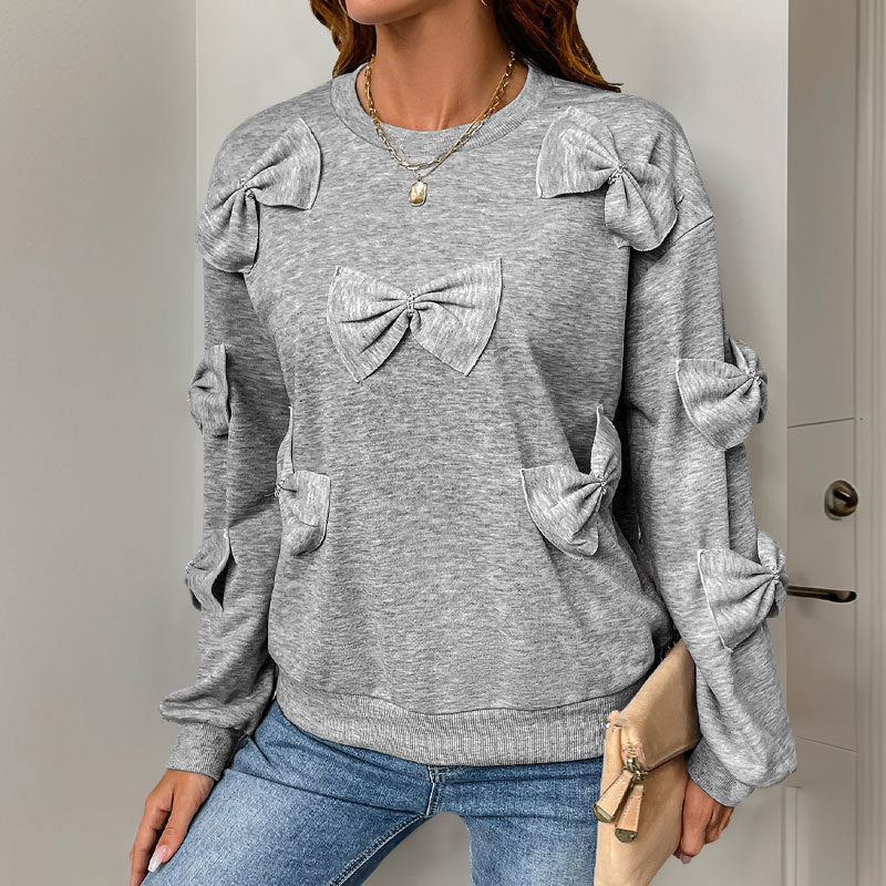 Maglione Donna Morbido Felpa Girocollo Nodo Cucito Casual - Vesarelli