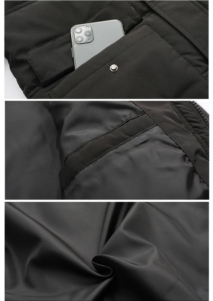 Giacca nera impermeabile con tasche multiple, dettagli in tessuto resistente e fodera interna. Ideale per smartphone, moda uomo, abbigliamento outdoor.