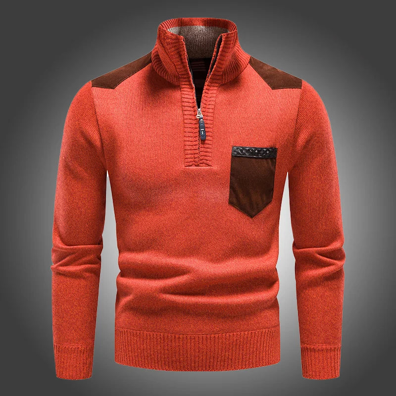Maglione Uomo Collo Alto Zip Un Quarto Maglia Morbida Tasca