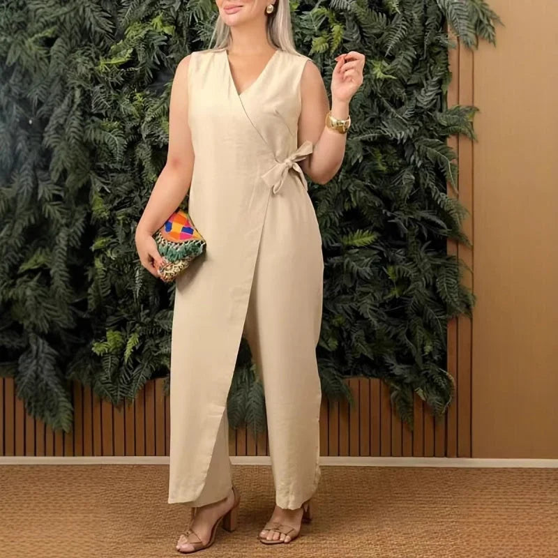 Tuta Donna Elegante Smanicata Scollo a V con Cintura