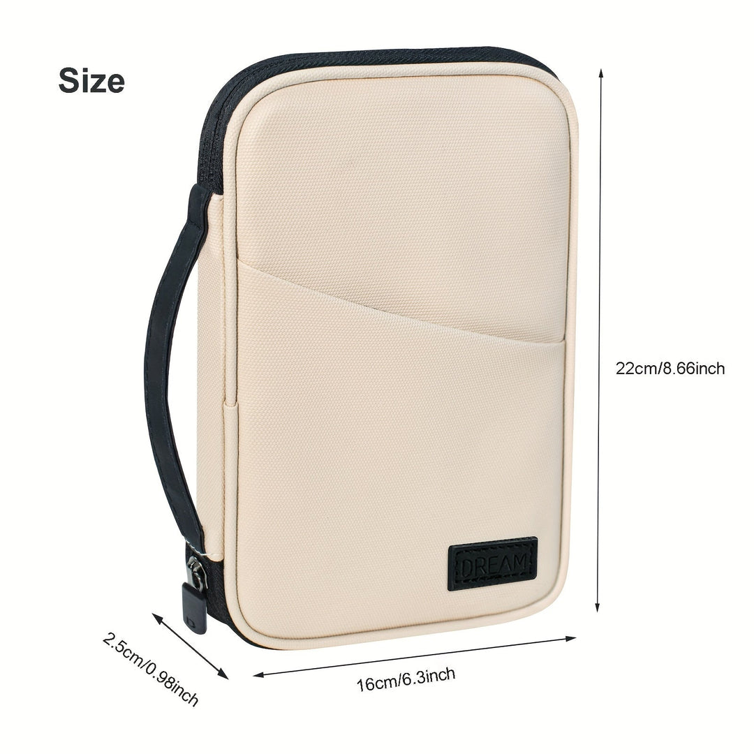 Custodia beige per tablet 8.66 pollici, tasca frontale, chiusura zip, maniglia laterale, ideale per protezione dispositivi elettronici.