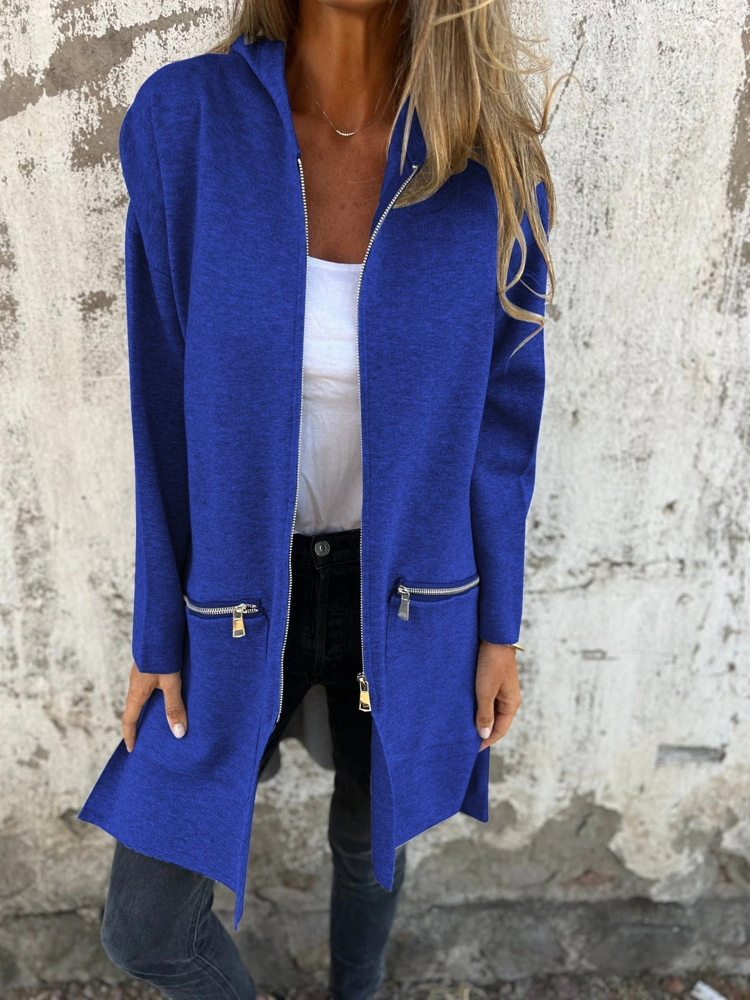 Cardigan Donna Lungo in Maglia con Cappuccio e Zip
