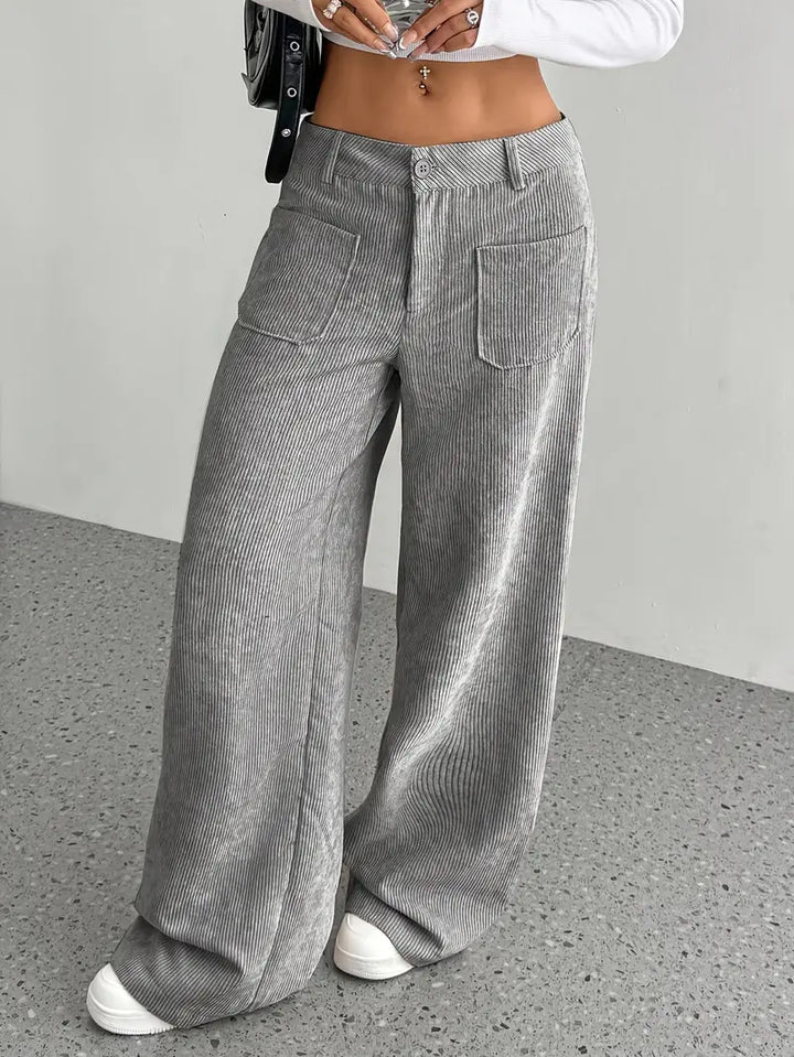 Pantaloni Donna a Coste Vita Alta Gamba Larga