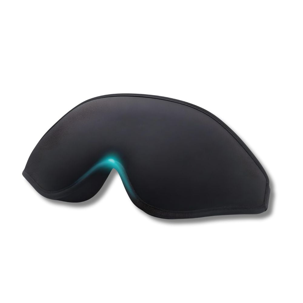 Maschera per dormire nera ergonomica, design curvo, blocco totale della luce, comfort ottimale, ideale per viaggi e relax.