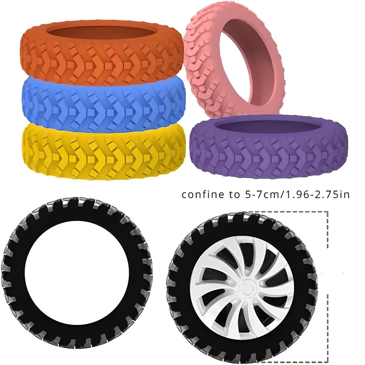 Set di coperture in gomma colorate per ruote di auto telecomandate, compatibili con pneumatici da 5-7 cm, ideali per migliorare trazione e stabilità.
