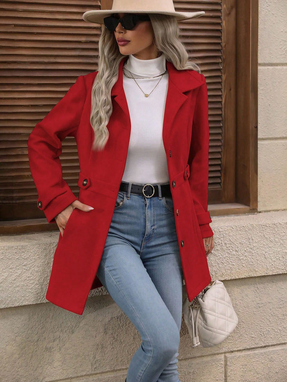 Cappotto Donna Monopetto Misto Lana Media Lunghezza con Revers