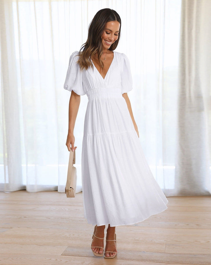 Abito Maxi Donna Maniche a Sbuffo Scollo a V Elegante