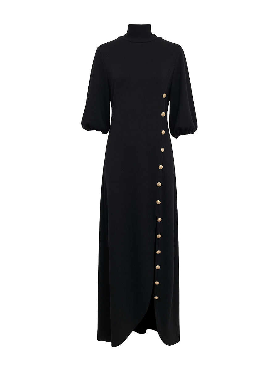Abito Maxi Donna Maniche a Sbuffo Collo Alto Bottoni