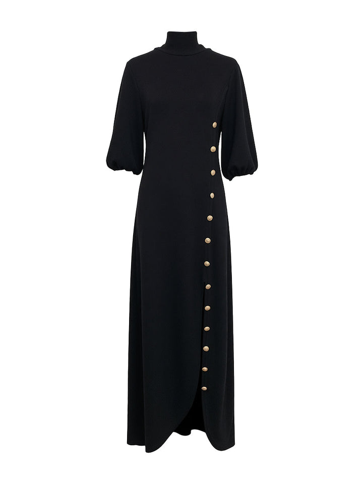 Abito Maxi Donna Maniche a Sbuffo Collo Alto Bottoni