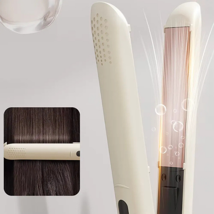 Piastra per capelli bianca, design elegante, con tecnologia a ioni per capelli lisci e lucenti. Ideale per styling professionale a casa.