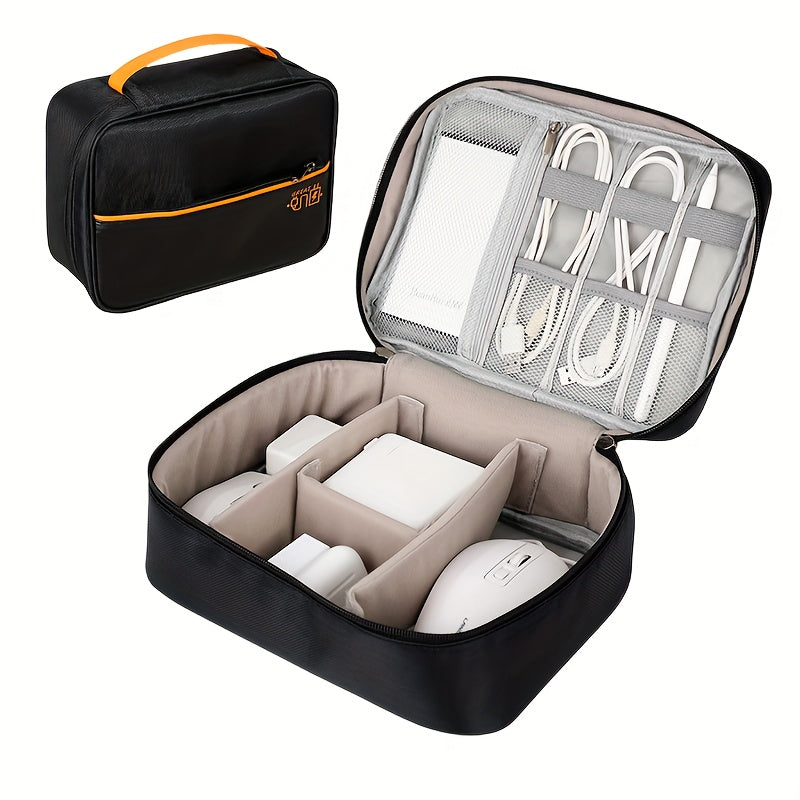 Custodia organizer per cavi e accessori elettronici, nera con manico arancione. Include scomparti per mouse, caricabatterie e cavi.
