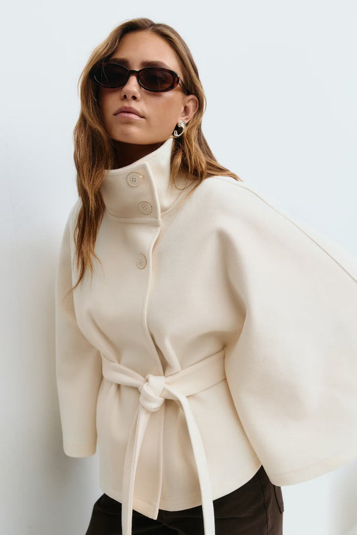 Cappotto Mantella Donna con Collo Alto e Cintura Elegante