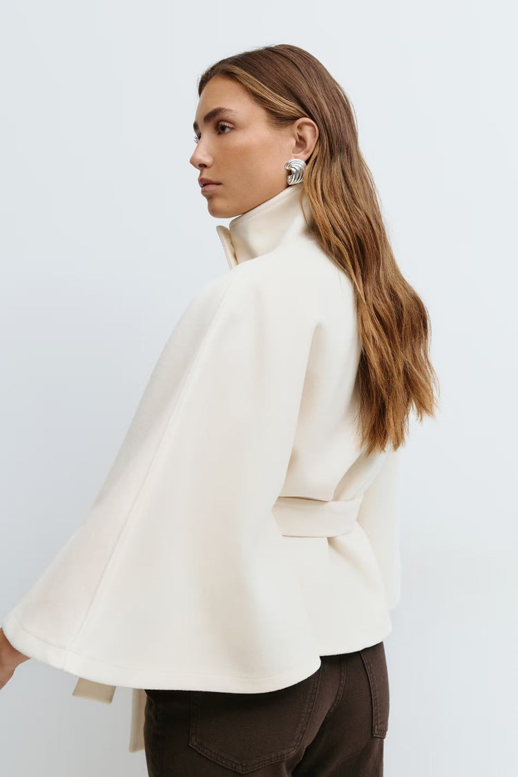 Cappotto Mantella Donna con Collo Alto e Cintura Elegante