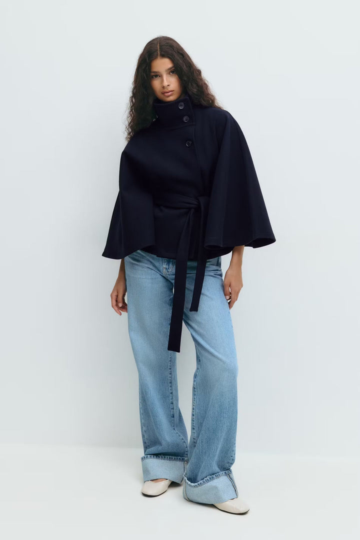 Cappotto Mantella Donna con Collo Alto e Cintura Elegante