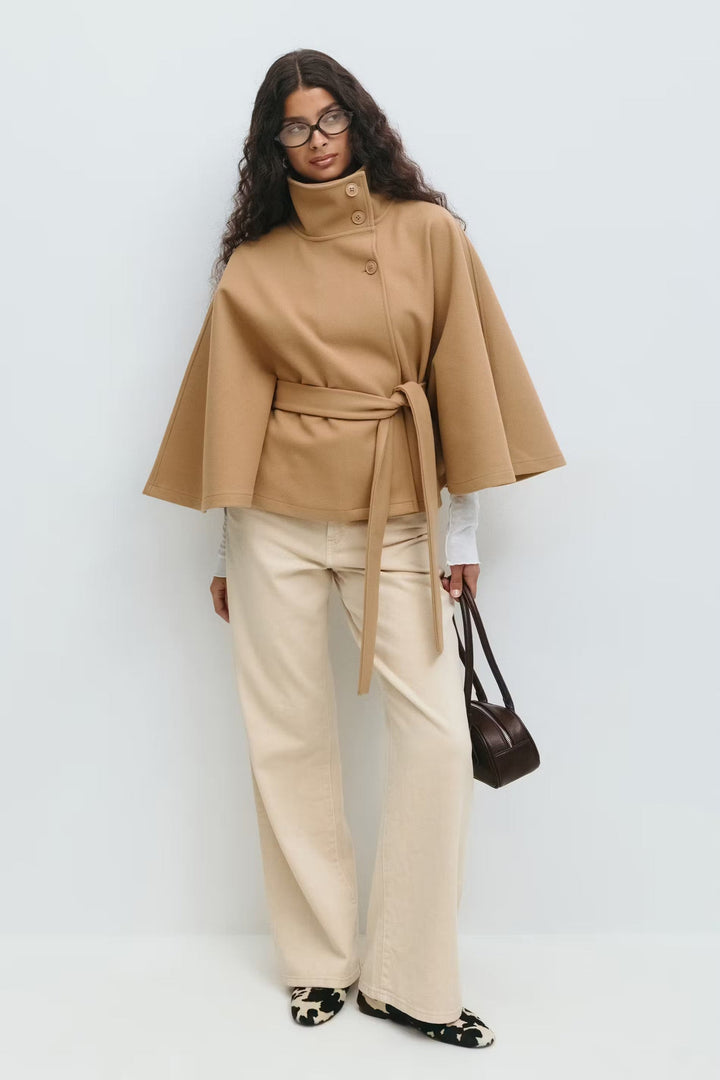 Cappotto Mantella Donna con Collo Alto e Cintura Elegante
