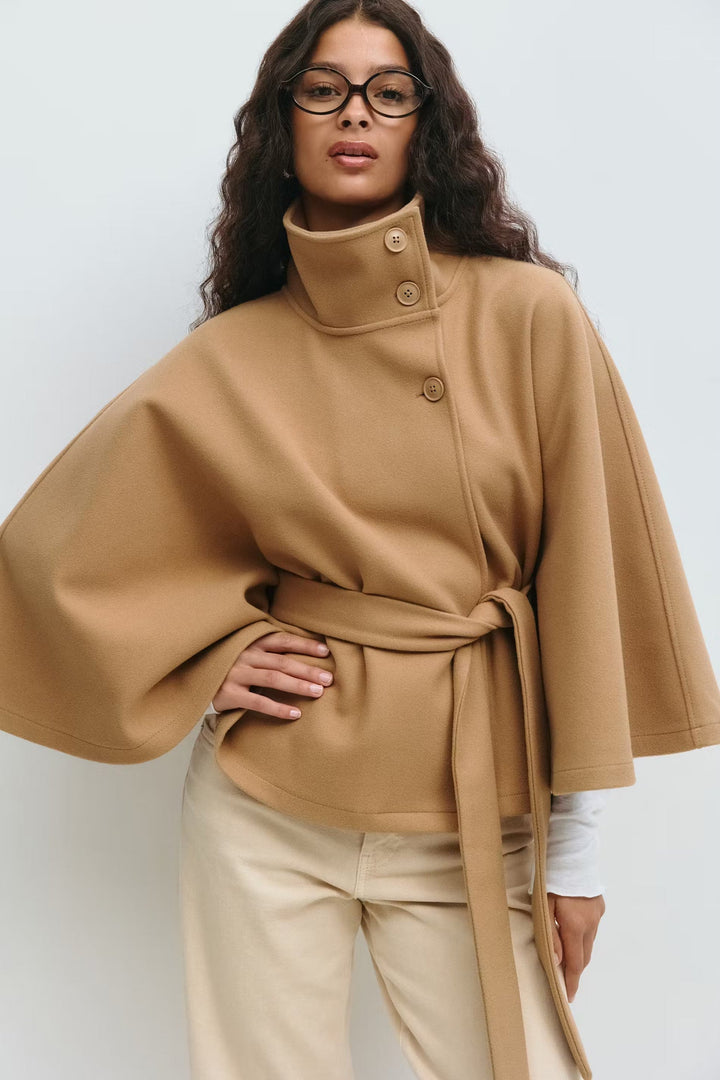 Cappotto Mantella Donna con Collo Alto e Cintura Elegante