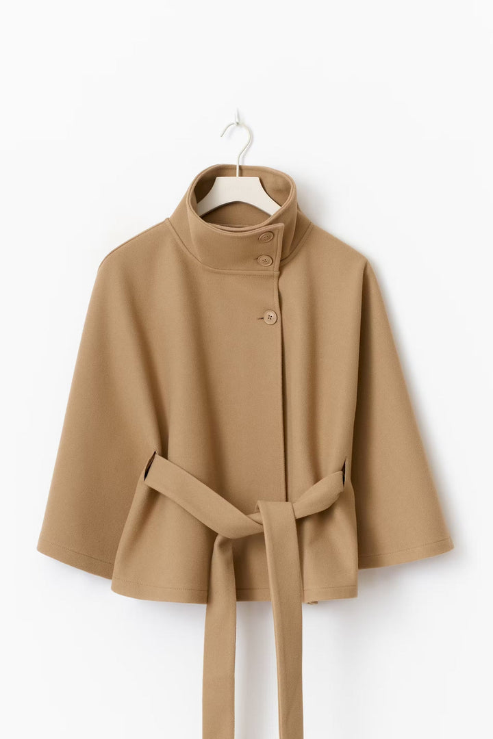 Cappotto Mantella Donna con Collo Alto e Cintura Elegante