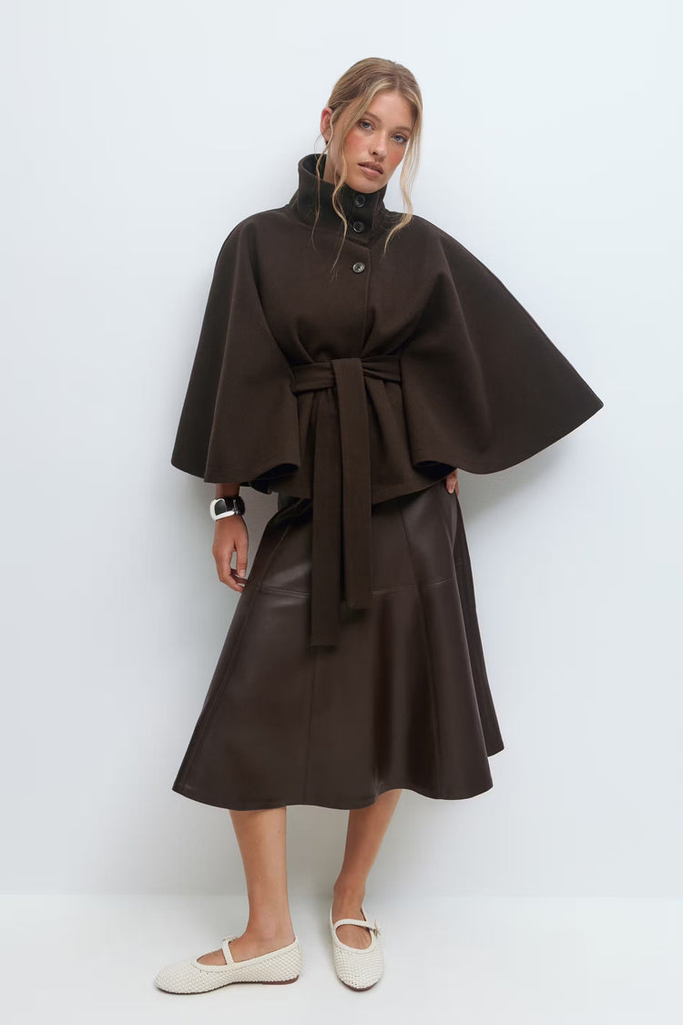 Cappotto Mantella Donna con Collo Alto e Cintura Elegante
