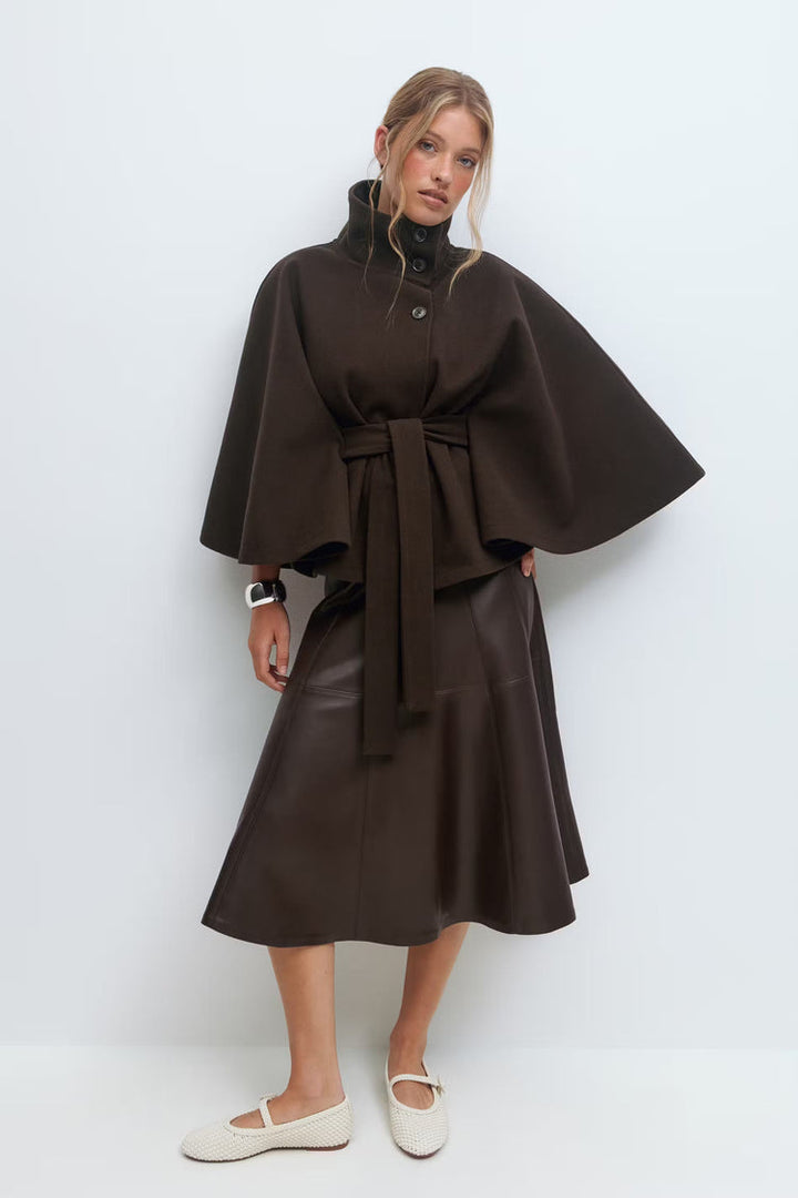 Cappotto Mantella Donna con Collo Alto e Cintura Elegante
