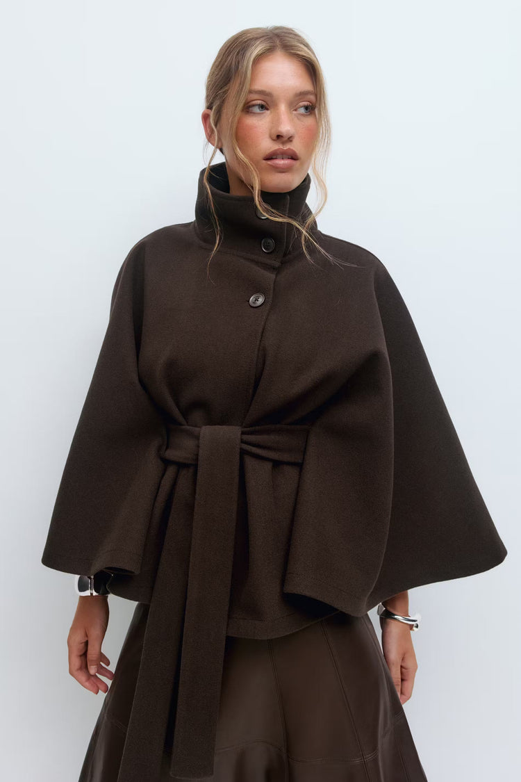 Cappotto Mantella Donna con Collo Alto e Cintura Elegante