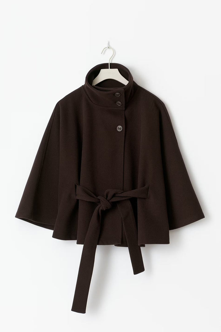 Cappotto Mantella Donna con Collo Alto e Cintura Elegante