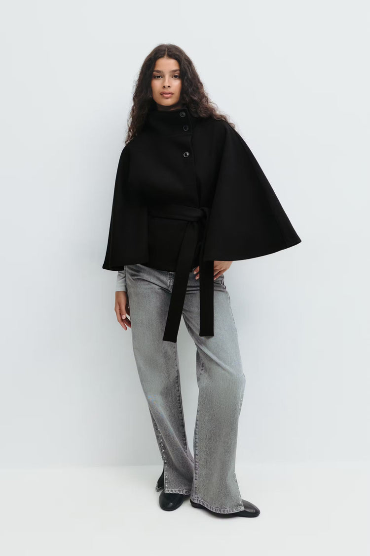 Cappotto Mantella Donna con Collo Alto e Cintura Elegante