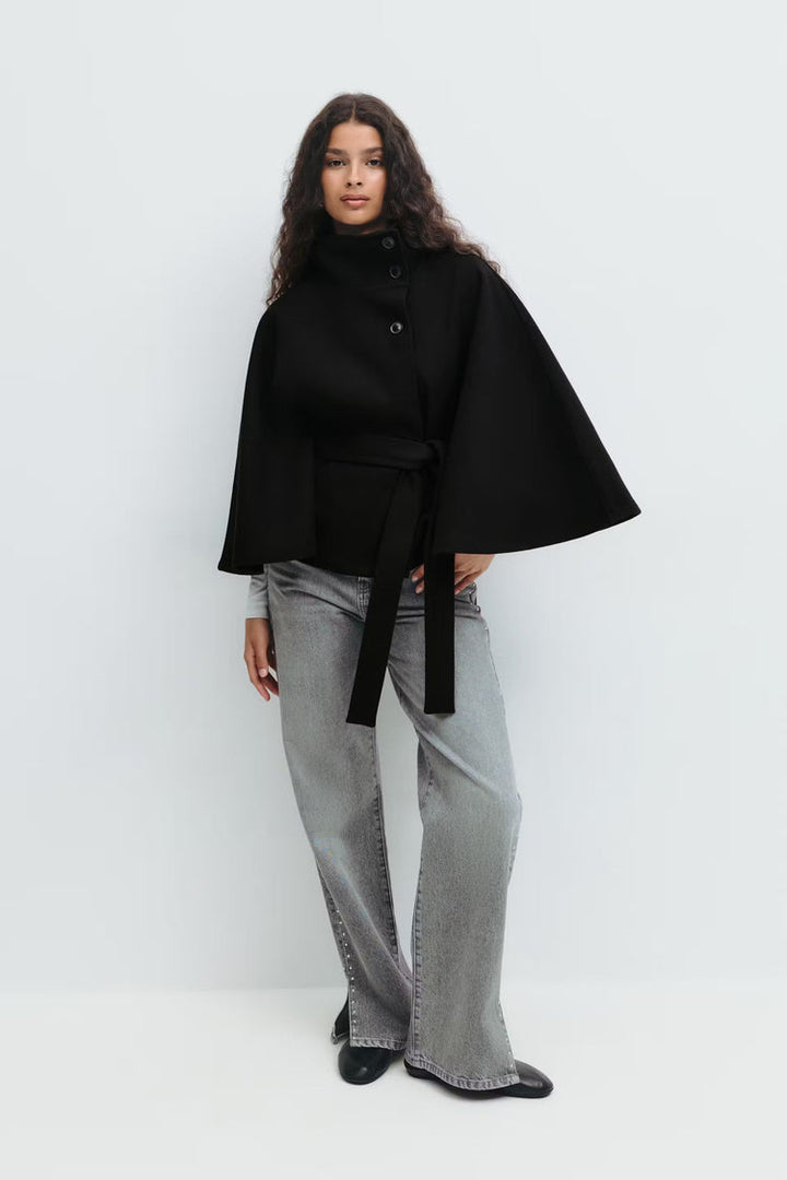 Cappotto Mantella Donna con Collo Alto e Cintura Elegante