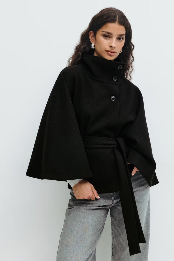 Cappotto Mantella Donna con Collo Alto e Cintura Elegante