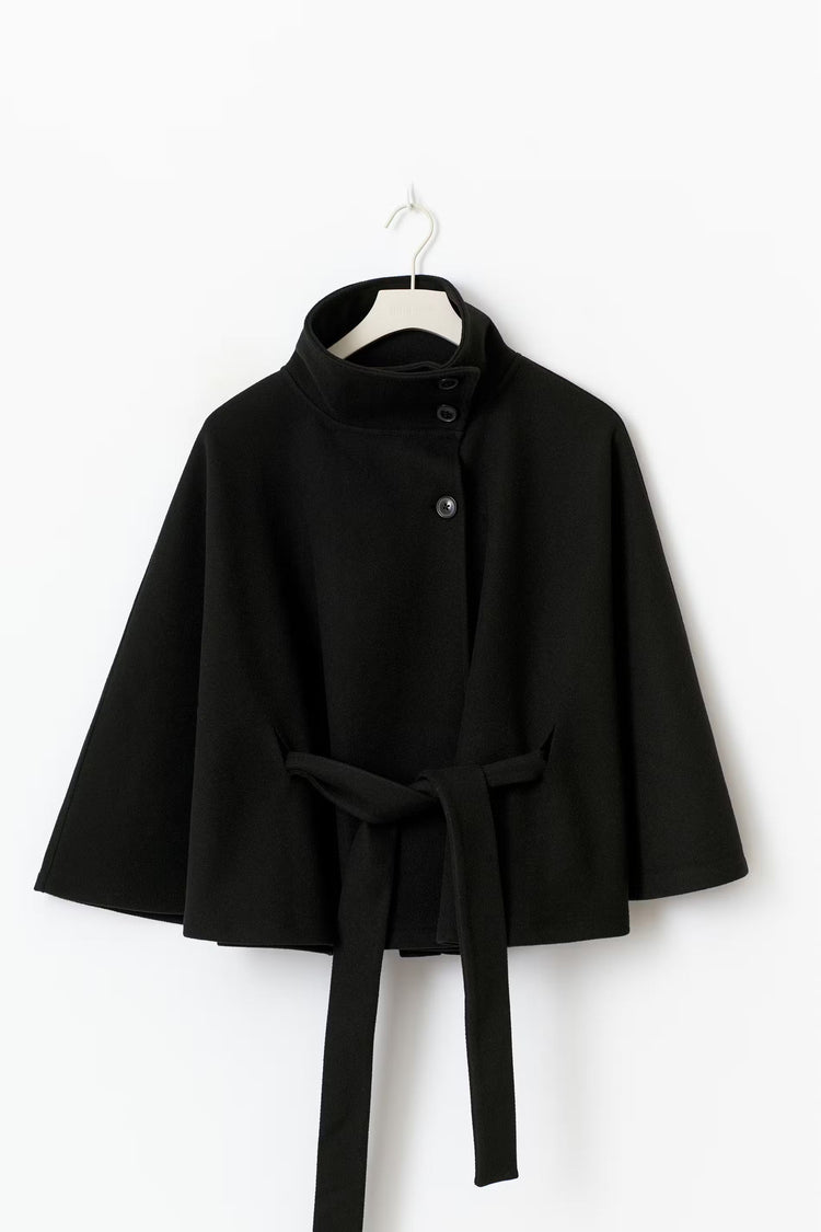Cappotto Mantella Donna con Collo Alto e Cintura Elegante