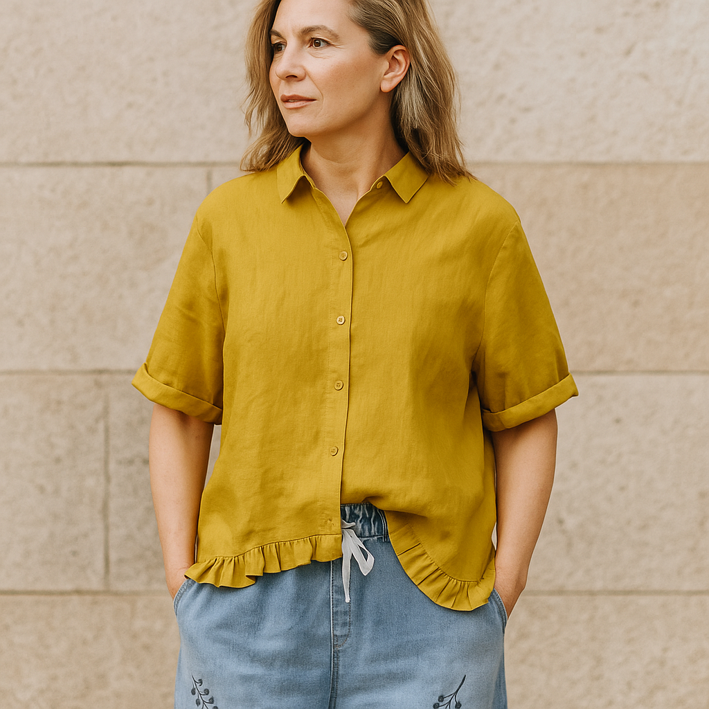 Camicia Donna Lino Maniche Corte Stile Casual Estivo
