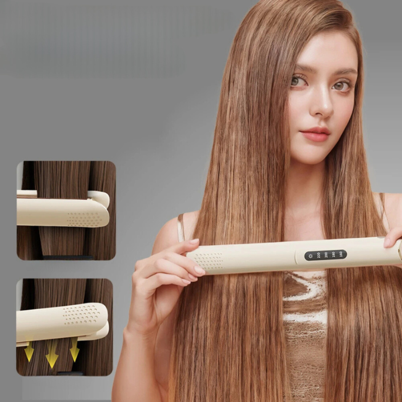 Donna con capelli lisciati da piastra per capelli in ceramica, display digitale, design ergonomico, ideale per styling professionale e domestico.