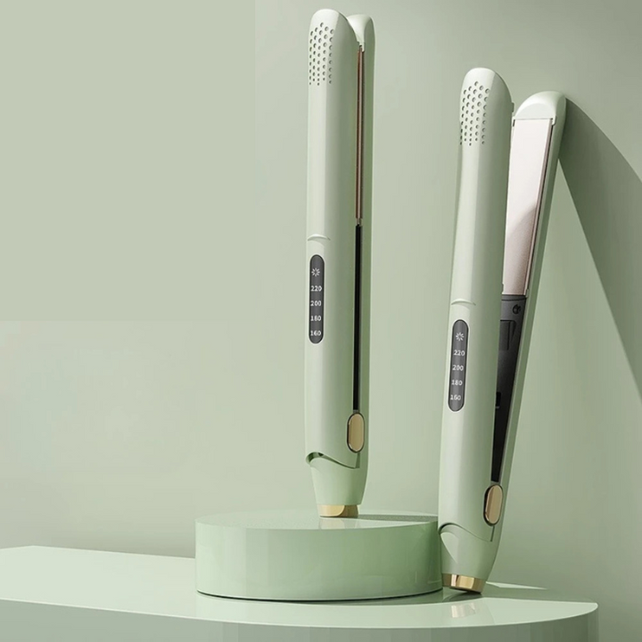 Piastra per capelli verde menta con display digitale, design elegante, temperatura regolabile, ideale per styling professionale e liscio perfetto.
