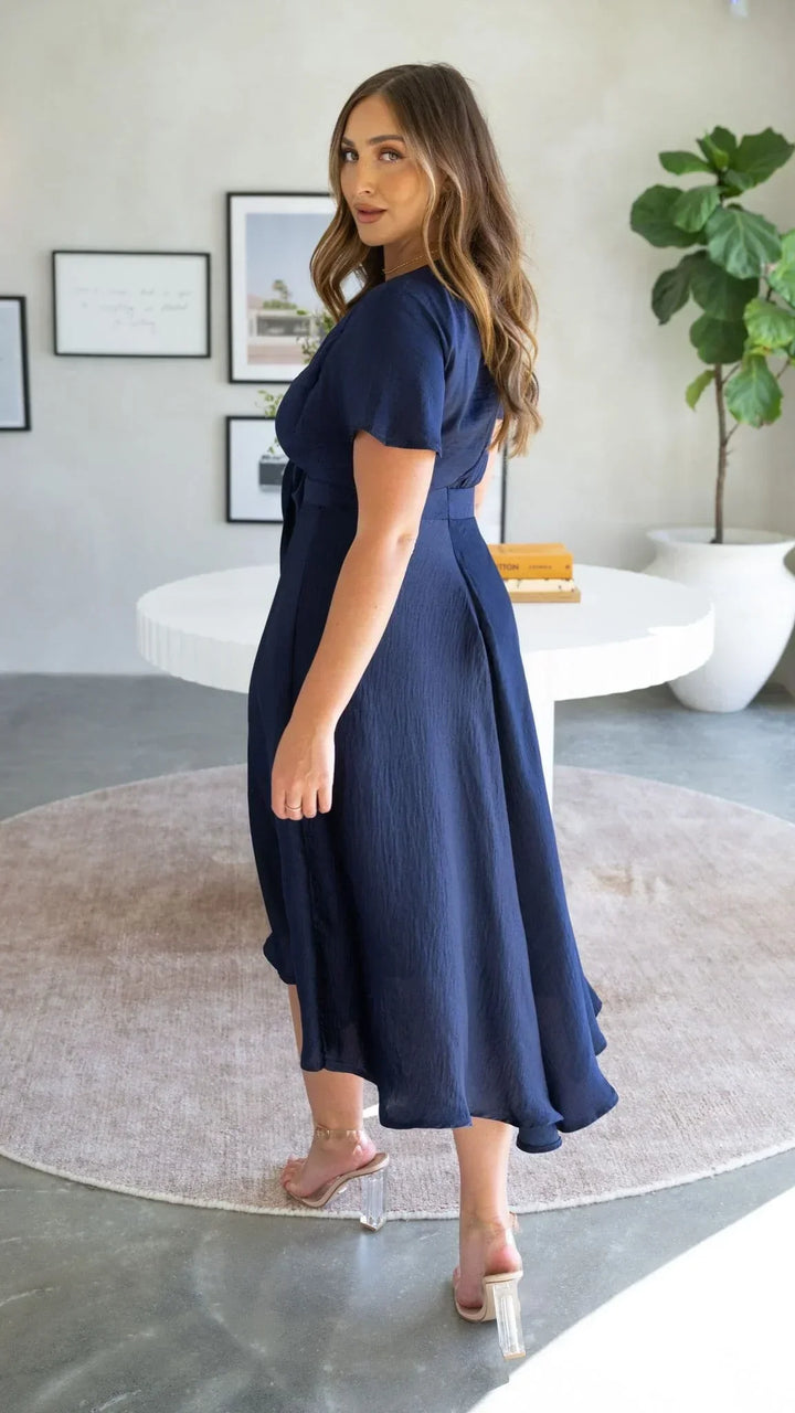 Abito Midi Donna in Raso Scollo a V Maniche Farfalla Gonna Asimmetrica