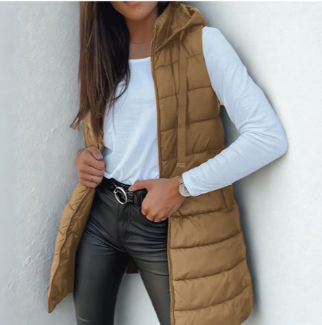 Gilet Donna Piumino Imbottito Leggero Smanicato Cappuccio Lungo