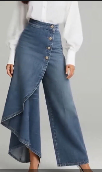 Pantaloni Donna Finto Denim Gamba Dritta Bottoni Arricciati