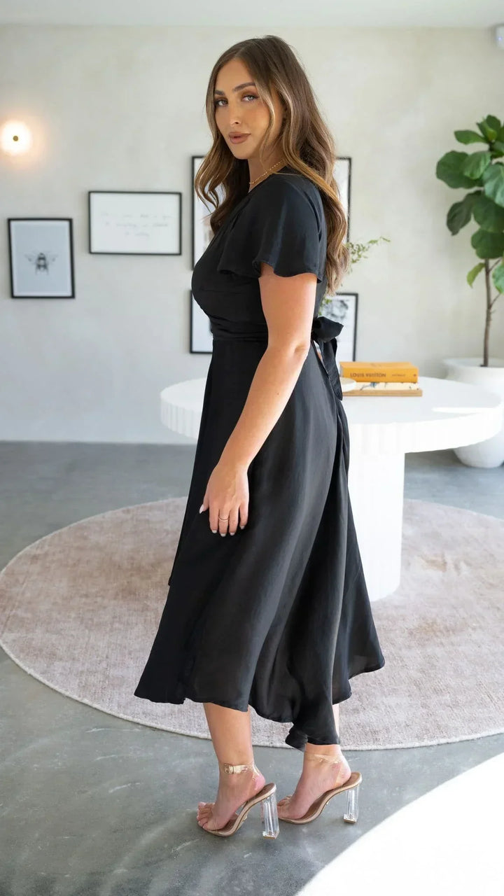 Abito Midi Donna in Raso Scollo a V Maniche Farfalla Gonna Asimmetrica