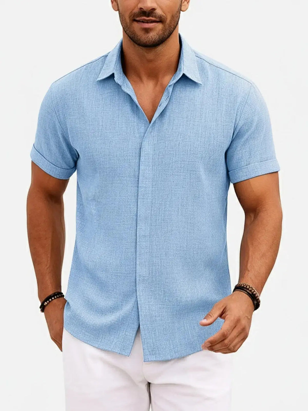 Camicia Uomo Misto Cotone Lino Maniche Corte